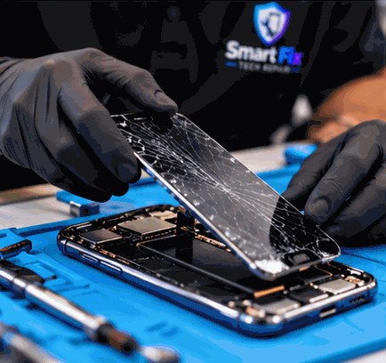 Technician lifting a cracked screen off a phone at the repair bench