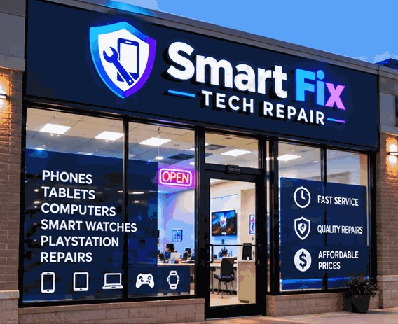 The Smart Fix Tech Repair storefront at dusk with the sign lit up